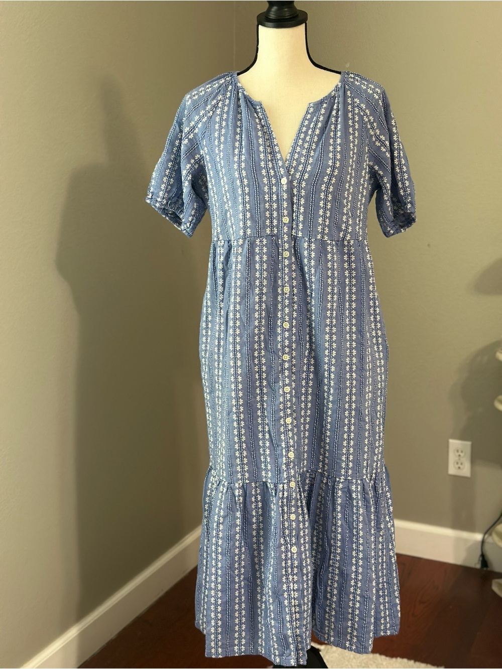 LOFT Blue and White Striped Floral Button-Front Maxi Dress